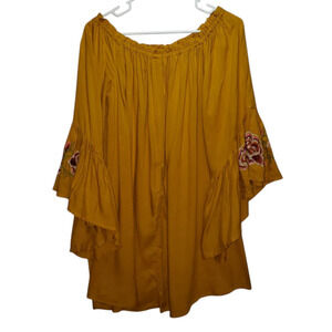 Feathers Yellow Off Shoulder Shift Dress XL NWT Boho Rose Embroidery Rayon